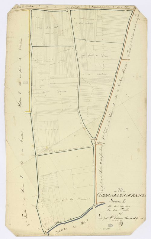 COURANCES. - Section E - Ruisseau (le), 1, ech. 1/1250, coul., aquarelle, papier, 102x63 (1813). 