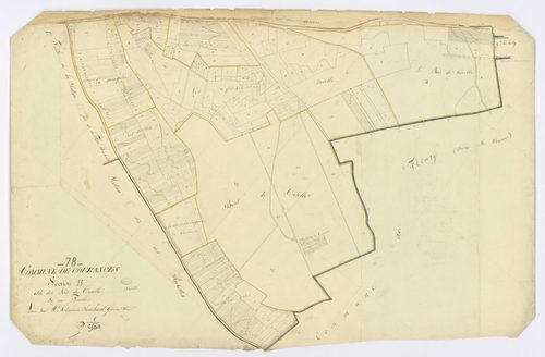COURANCES. - Section B - Bois de Tuzelle (le), ech. 1/2500, coul., aquarelle, papier, 67x100 (1813). 