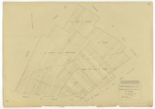 Plans minutes de conservation : COURANCES : tableau d'assemblage, ech. 1/10000 (1934), sections A1, A2, C, D1, D2, D3, E1, E2, G, H1, H2, I1, I2, ech. 1/1250 (1934), sections B, F, ech. 1/2500 (1934), NB, papier, 105x80 [16 plans]. 