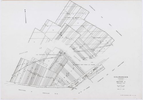 COURANCES, plans minutes de conservation : tableau d'assemblage, 1934, Ech. 1/10000 ; plans des sections B, F, 1934, Ech. 1/2500, sections A2, E2, G, H2, I1, 1934, Ech. 1/1250, sections ZA, ZB, ZC, ZD, 1999, Ech. 1/2000. Polyester. N et B. Dim. 105 x 80 c