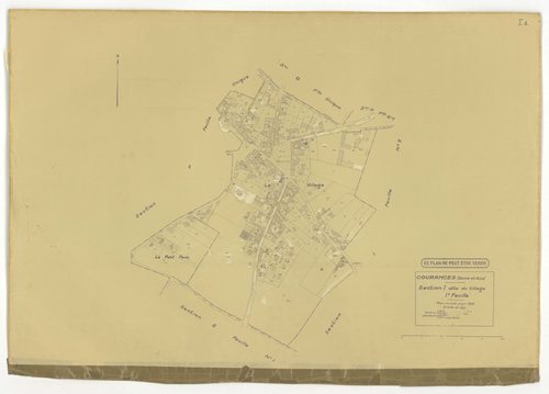 Plans minutes de conservation : COURANCES : tableau d'assemblage, ech. 1/10000 (1934), sections A1, A2, C, D1, D2, D3, E1, E2, G, H1, H2, I1, I2, ech. 1/1250 (1934), sections B, F, ech. 1/2500 (1934), NB, papier, 105x80 [16 plans]. 
