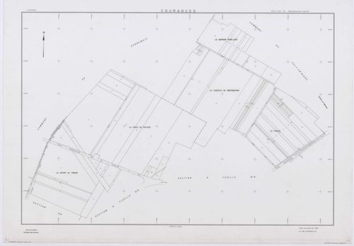 COURANCES, plans minutes de conservation : tableau d'assemblage, 1934, Ech. 1/10000 ; plans des sections B, F, 1934, Ech. 1/2500, sections A2, E2, G, H2, I1, 1934, Ech. 1/1250, sections ZA, ZB, ZC, ZD, 1999, Ech. 1/2000. Polyester. N et B. Dim. 105 x 80 c
