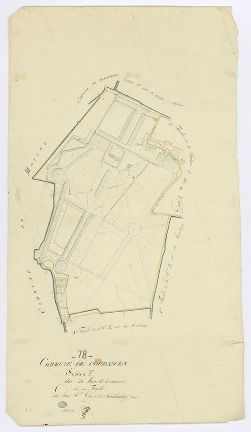 COURANCES. - Section F - Parc (le), ech. 1/1250, coul., aquarelle, papier, 100x56 (1813). 