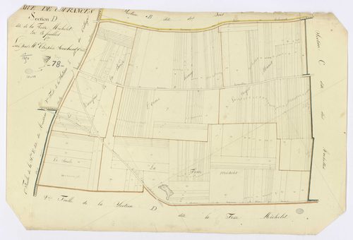 COURANCES. - Section D - Fosse Michelet (la), 1, ech. 1/1250, coul., aquarelle, papier, 64x95 (1813). 