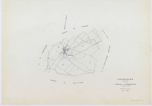 COURANCES, plans minutes de conservation : tableau d'assemblage, 1934, Ech. 1/10000 ; plans des sections B, F, 1934, Ech. 1/2500, sections A2, E2, G, H2, I1, 1934, Ech. 1/1250, sections ZA, ZB, ZC, ZD, 1999, Ech. 1/2000. Polyester. N et B. Dim. 105 x 80 c