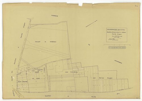 Plans minutes de conservation : COURANCES : tableau d'assemblage, ech. 1/10000 (1934), sections A1, A2, C, D1, D2, D3, E1, E2, G, H1, H2, I1, I2, ech. 1/1250 (1934), sections B, F, ech. 1/2500 (1934), NB, papier, 105x80 [16 plans]. 