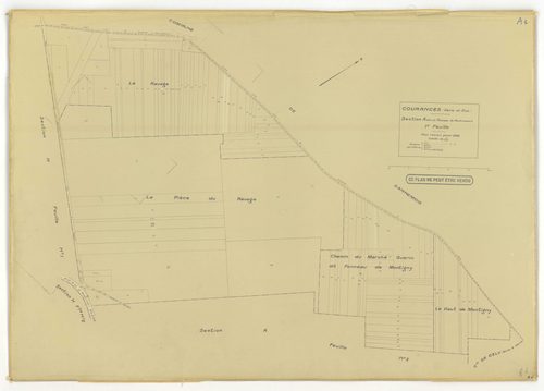 Plans minutes de conservation : COURANCES : tableau d'assemblage, ech. 1/10000 (1934), sections A1, A2, C, D1, D2, D3, E1, E2, G, H1, H2, I1, I2, ech. 1/1250 (1934), sections B, F, ech. 1/2500 (1934), NB, papier, 105x80 [16 plans]. 