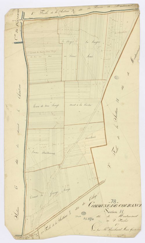 COURANCES. - Section H - Montmusard, 1, ech. 1/1250, coul., aquarelle, papier, 103x61 (1813). 