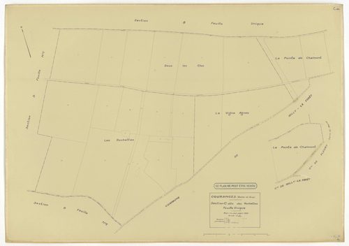 Plans minutes de conservation : COURANCES : tableau d'assemblage, ech. 1/10000 (1934), sections A1, A2, C, D1, D2, D3, E1, E2, G, H1, H2, I1, I2, ech. 1/1250 (1934), sections B, F, ech. 1/2500 (1934), NB, papier, 105x80 [16 plans]. 