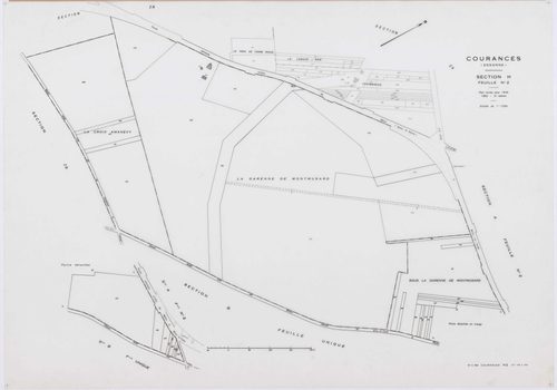 COURANCES, plans minutes de conservation : tableau d'assemblage, 1934, Ech. 1/10000 ; plans des sections B, F, 1934, Ech. 1/2500, sections A2, E2, G, H2, I1, 1934, Ech. 1/1250, sections ZA, ZB, ZC, ZD, 1999, Ech. 1/2000. Polyester. N et B. Dim. 105 x 80 c