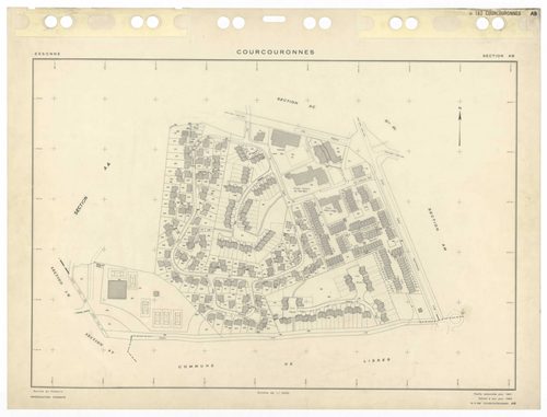 COURCOURONNES, plans minutes de conservation : tableau d'assemblage,1934, Ech. 1/5000 ; plans des sections AB, AC, AD, AE, AH, AI, AK, AL, AM, AN, AP, AR, 1981, Ech. 1/1000, section AT, 1983, Ech. 1/1000, section AS, 1985, Ech. 1/1000, section AA, 1986, E