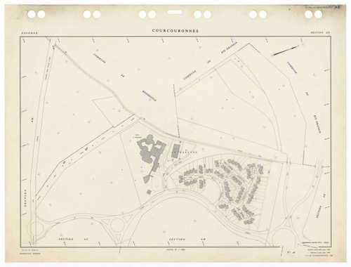 COURCOURONNES, plans minutes de conservation : tableau d'assemblage,1934, Ech. 1/5000 ; plans des sections AB, AC, AD, AE, AH, AI, AK, AL, AM, AN, AP, AR, 1981, Ech. 1/1000, section AT, 1983, Ech. 1/1000, section AS, 1985, Ech. 1/1000, section AA, 1986, E