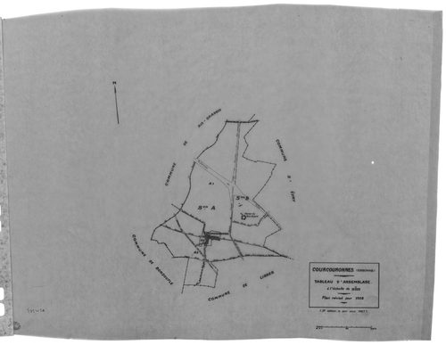 COURCOURONNES .- Cadastre révisé pour 1934 : plan du tableau d'assemblage, plans de la section A le Village 1ère feuille, idem 2ème feuille, idem 3ème feuille, section B le Bois Briard ; cadastre révisé pour 1934 mis à jour pour 1967 : plan du tableau d'a