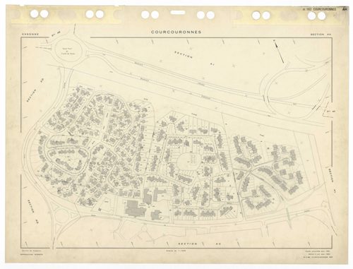 COURCOURONNES, plans minutes de conservation : tableau d'assemblage,1934, Ech. 1/5000 ; plans des sections AB, AC, AD, AE, AH, AI, AK, AL, AM, AN, AP, AR, 1981, Ech. 1/1000, section AT, 1983, Ech. 1/1000, section AS, 1985, Ech. 1/1000, section AA, 1986, E