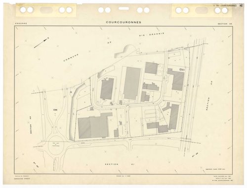 COURCOURONNES, plans minutes de conservation : tableau d'assemblage,1934, Ech. 1/5000 ; plans des sections AB, AC, AD, AE, AH, AI, AK, AL, AM, AN, AP, AR, 1981, Ech. 1/1000, section AT, 1983, Ech. 1/1000, section AS, 1985, Ech. 1/1000, section AA, 1986, E