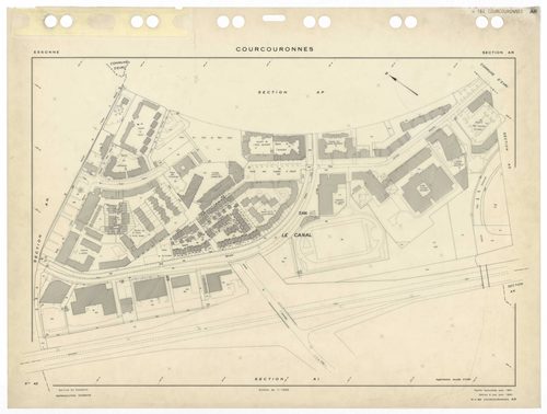 COURCOURONNES, plans minutes de conservation : tableau d'assemblage,1934, Ech. 1/5000 ; plans des sections AB, AC, AD, AE, AH, AI, AK, AL, AM, AN, AP, AR, 1981, Ech. 1/1000, section AT, 1983, Ech. 1/1000, section AS, 1985, Ech. 1/1000, section AA, 1986, E