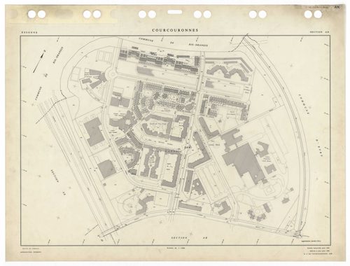 COURCOURONNES, plans minutes de conservation : tableau d'assemblage,1934, Ech. 1/5000 ; plans des sections AB, AC, AD, AE, AH, AI, AK, AL, AM, AN, AP, AR, 1981, Ech. 1/1000, section AT, 1983, Ech. 1/1000, section AS, 1985, Ech. 1/1000, section AA, 1986, E