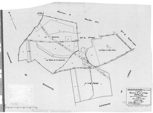 COURCOURONNES .- Cadastre révisé pour 1934 : plan du tableau d'assemblage, plans de la section A le Village 1ère feuille, idem 2ème feuille, idem 3ème feuille, section B le Bois Briard ; cadastre révisé pour 1934 mis à jour pour 1967 : plan du tableau d'a