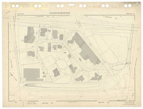COURCOURONNES, plans minutes de conservation : tableau d'assemblage,1934, Ech. 1/5000 ; plans des sections AB, AC, AD, AE, AH, AI, AK, AL, AM, AN, AP, AR, 1981, Ech. 1/1000, section AT, 1983, Ech. 1/1000, section AS, 1985, Ech. 1/1000, section AA, 1986, E