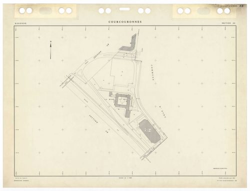COURCOURONNES, plans minutes de conservation : tableau d'assemblage,1934, Ech. 1/5000 ; plans des sections AB, AC, AD, AE, AH, AI, AK, AL, AM, AN, AP, AR, 1981, Ech. 1/1000, section AT, 1983, Ech. 1/1000, section AS, 1985, Ech. 1/1000, section AA, 1986, E