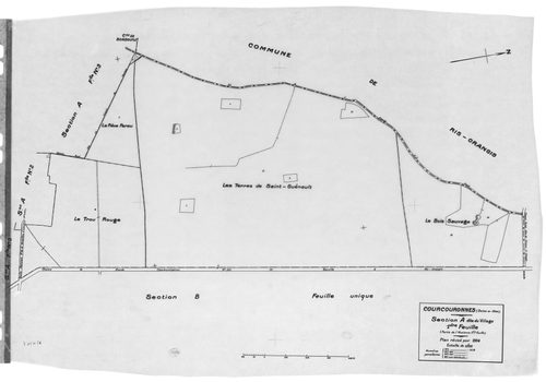 COURCOURONNES .- Cadastre révisé pour 1934 : plan du tableau d'assemblage, plans de la section A le Village 1ère feuille, idem 2ème feuille, idem 3ème feuille, section B le Bois Briard ; cadastre révisé pour 1934 mis à jour pour 1967 : plan du tableau d'a