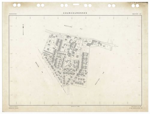 COURCOURONNES, plans minutes de conservation : tableau d'assemblage,1934, Ech. 1/5000 ; plans des sections AB, AC, AD, AE, AH, AI, AK, AL, AM, AN, AP, AR, 1981, Ech. 1/1000, section AT, 1983, Ech. 1/1000, section AS, 1985, Ech. 1/1000, section AA, 1986, E