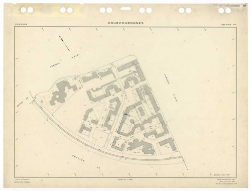 COURCOURONNES, plans minutes de conservation : tableau d'assemblage,1934, Ech. 1/5000 ; plans des sections AB, AC, AD, AE, AH, AI, AK, AL, AM, AN, AP, AR, 1981, Ech. 1/1000, section AT, 1983, Ech. 1/1000, section AS, 1985, Ech. 1/1000, section AA, 1986, E