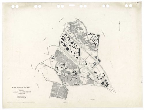 COURCOURONNES, plans minutes de conservation : tableau d'assemblage,1934, Ech. 1/5000 ; plans des sections AB, AC, AD, AE, AH, AI, AK, AL, AM, AN, AP, AR, 1981, Ech. 1/1000, section AT, 1983, Ech. 1/1000, section AS, 1985, Ech. 1/1000, section AA, 1986, E
