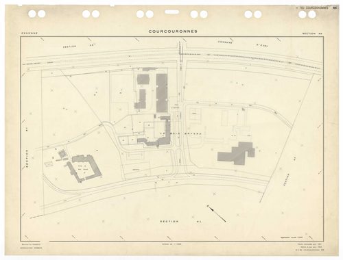 COURCOURONNES, plans minutes de conservation : tableau d'assemblage,1934, Ech. 1/5000 ; plans des sections AB, AC, AD, AE, AH, AI, AK, AL, AM, AN, AP, AR, 1981, Ech. 1/1000, section AT, 1983, Ech. 1/1000, section AS, 1985, Ech. 1/1000, section AA, 1986, E
