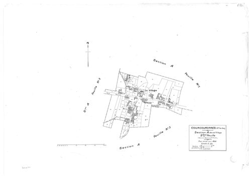 COURCOURONNES .- Cadastre révisé pour 1934 : plan du tableau d'assemblage, plans de la section A le Village 1ère feuille, idem 2ème feuille, idem 3ème feuille, section B le Bois Briard ; cadastre révisé pour 1934 mis à jour pour 1967 : plan du tableau d'a