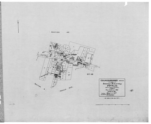 COURCOURONNES .- Cadastre révisé pour 1934 : plan du tableau d'assemblage, plans de la section A le Village 1ère feuille, idem 2ème feuille, idem 3ème feuille, section B le Bois Briard ; cadastre révisé pour 1934 mis à jour pour 1967 : plan du tableau d'a
