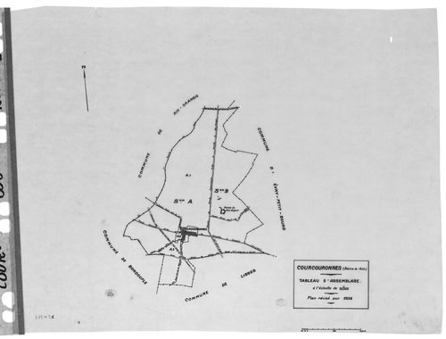 COURCOURONNES .- Cadastre révisé pour 1934 : plan du tableau d'assemblage, plans de la section A le Village 1ère feuille, idem 2ème feuille, idem 3ème feuille, section B le Bois Briard ; cadastre révisé pour 1934 mis à jour pour 1967 : plan du tableau d'a