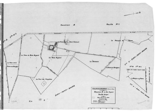 COURCOURONNES .- Cadastre révisé pour 1934 : plan du tableau d'assemblage, plans de la section A le Village 1ère feuille, idem 2ème feuille, idem 3ème feuille, section B le Bois Briard ; cadastre révisé pour 1934 mis à jour pour 1967 : plan du tableau d'a