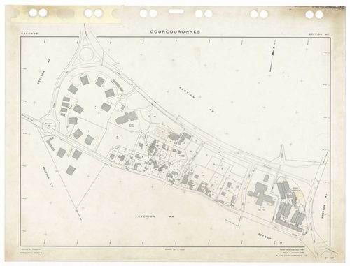 COURCOURONNES, plans minutes de conservation : tableau d'assemblage,1934, Ech. 1/5000 ; plans des sections AB, AC, AD, AE, AH, AI, AK, AL, AM, AN, AP, AR, 1981, Ech. 1/1000, section AT, 1983, Ech. 1/1000, section AS, 1985, Ech. 1/1000, section AA, 1986, E