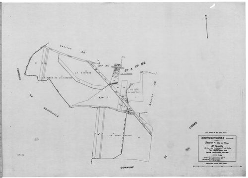 COURCOURONNES .- Cadastre révisé pour 1934 : plan du tableau d'assemblage, plans de la section A le Village 1ère feuille, idem 2ème feuille, idem 3ème feuille, section B le Bois Briard ; cadastre révisé pour 1934 mis à jour pour 1967 : plan du tableau d'a
