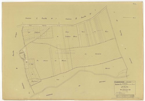 Plans minutes de conservation : COURDIMANCHE-SUR-ESSONNE : tableau d'assemblage n°1, ech. 1/5000 (1934), sections A1, A2, B (2 feuillets), C1, C2, ech. 1/1250, sections D1, D2, ech. 1/2500 (1934) ; sections W, X, ech. 1/2500, sections Y, Z, ech. 1/1250 (1