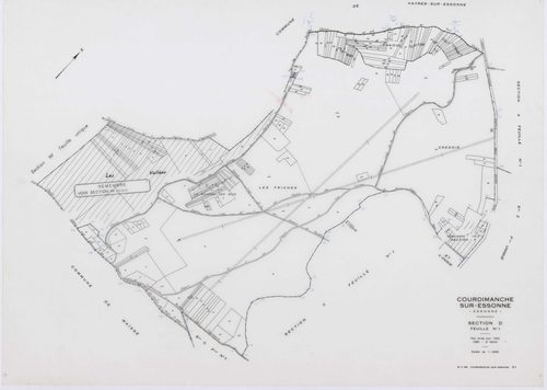COURDIMANCHE-SUR-ESSONNE, plans minutes de conservation : tableau d'assemblage, 1934, Ech. 1/5000 ; plans des sections A1, A2, C1, C2, 1934, Ech. 1/1250, section D1, 1934, Ech. 1/2500, sections W, X, 1955, Ech. 1/2500, sections Y, Z, 1955, Ech. 1/1250, se