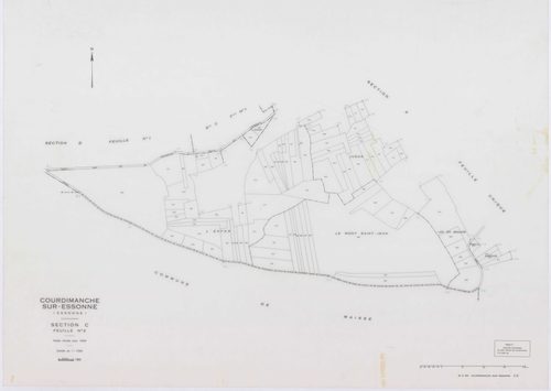 COURDIMANCHE-SUR-ESSONNE, plans minutes de conservation : tableau d'assemblage, 1934, Ech. 1/5000 ; plans des sections A1, A2, C1, C2, 1934, Ech. 1/1250, section D1, 1934, Ech. 1/2500, sections W, X, 1955, Ech. 1/2500, sections Y, Z, 1955, Ech. 1/1250, se