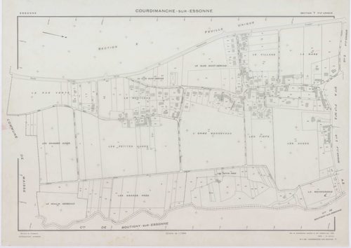 COURDIMANCHE-SUR-ESSONNE, plans minutes de conservation : tableau d'assemblage, 1934, Ech. 1/5000 ; plans des sections A1, A2, C1, C2, 1934, Ech. 1/1250, section D1, 1934, Ech. 1/2500, sections W, X, 1955, Ech. 1/2500, sections Y, Z, 1955, Ech. 1/1250, se