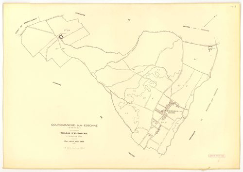 Plans minutes de conservation : COURDIMANCHE-SUR-ESSONNE : tableau d'assemblage n°1, ech. 1/5000 (1934), sections A1, A2, B (2 feuillets), C1, C2, ech. 1/1250, sections D1, D2, ech. 1/2500 (1934) ; sections W, X, ech. 1/2500, sections Y, Z, ech. 1/1250 (1