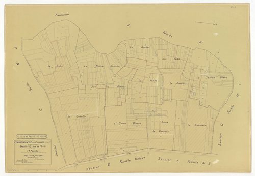 Plans minutes de conservation : COURDIMANCHE-SUR-ESSONNE : tableau d'assemblage n°1, ech. 1/5000 (1934), sections A1, A2, B (2 feuillets), C1, C2, ech. 1/1250, sections D1, D2, ech. 1/2500 (1934) ; sections W, X, ech. 1/2500, sections Y, Z, ech. 1/1250 (1