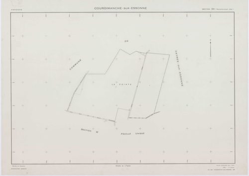 COURDIMANCHE-SUR-ESSONNE, plans minutes de conservation : tableau d'assemblage, 1934, Ech. 1/5000 ; plans des sections A1, A2, C1, C2, 1934, Ech. 1/1250, section D1, 1934, Ech. 1/2500, sections W, X, 1955, Ech. 1/2500, sections Y, Z, 1955, Ech. 1/1250, se