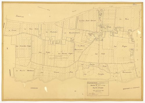Plans minutes de conservation : COURDIMANCHE-SUR-ESSONNE : tableau d'assemblage n°1, ech. 1/5000 (1934), sections A1, A2, B (2 feuillets), C1, C2, ech. 1/1250, sections D1, D2, ech. 1/2500 (1934) ; sections W, X, ech. 1/2500, sections Y, Z, ech. 1/1250 (1