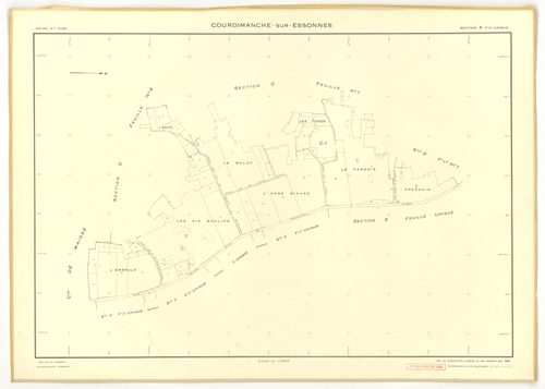 Plans minutes de conservation : COURDIMANCHE-SUR-ESSONNE : tableau d'assemblage n°1, ech. 1/5000 (1934), sections A1, A2, B (2 feuillets), C1, C2, ech. 1/1250, sections D1, D2, ech. 1/2500 (1934) ; sections W, X, ech. 1/2500, sections Y, Z, ech. 1/1250 (1