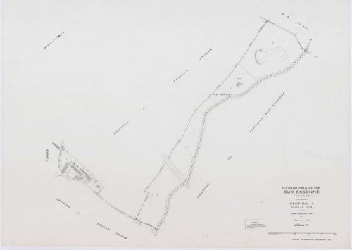 COURDIMANCHE-SUR-ESSONNE, plans minutes de conservation : tableau d'assemblage, 1934, Ech. 1/5000 ; plans des sections A1, A2, C1, C2, 1934, Ech. 1/1250, section D1, 1934, Ech. 1/2500, sections W, X, 1955, Ech. 1/2500, sections Y, Z, 1955, Ech. 1/1250, se