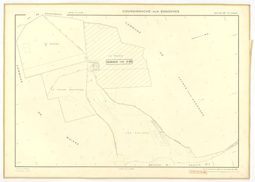 Plans minutes de conservation : COURDIMANCHE-SUR-ESSONNE : tableau d'assemblage n°1, ech. 1/5000 (1934), sections A1, A2, B (2 feuillets), C1, C2, ech. 1/1250, sections D1, D2, ech. 1/2500 (1934) ; sections W, X, ech. 1/2500, sections Y, Z, ech. 1/1250 (1