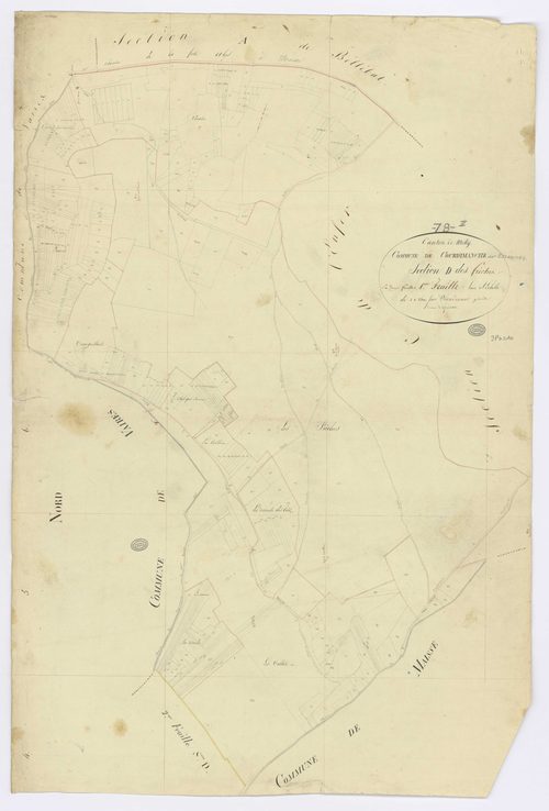 COURDIMANCHE-SUR-ESSONNE. - Section D - Friches (les), 1, ech. 1/2500, coul., aquarelle, papier, 66x98 (1815). 