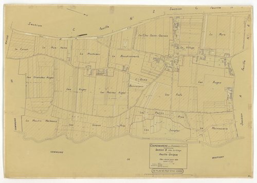 Plans minutes de conservation : COURDIMANCHE-SUR-ESSONNE : tableau d'assemblage n°1, ech. 1/5000 (1934), sections A1, A2, B (2 feuillets), C1, C2, ech. 1/1250, sections D1, D2, ech. 1/2500 (1934) ; sections W, X, ech. 1/2500, sections Y, Z, ech. 1/1250 (1