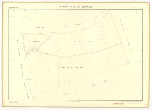 Plans minutes de conservation : COURDIMANCHE-SUR-ESSONNE : tableau d'assemblage n°1, ech. 1/5000 (1934), sections A1, A2, B (2 feuillets), C1, C2, ech. 1/1250, sections D1, D2, ech. 1/2500 (1934) ; sections W, X, ech. 1/2500, sections Y, Z, ech. 1/1250 (1