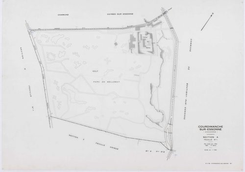 COURDIMANCHE-SUR-ESSONNE, plans minutes de conservation : tableau d'assemblage, 1934, Ech. 1/5000 ; plans des sections A1, A2, C1, C2, 1934, Ech. 1/1250, section D1, 1934, Ech. 1/2500, sections W, X, 1955, Ech. 1/2500, sections Y, Z, 1955, Ech. 1/1250, se